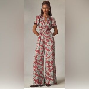 Anthropologie offset Burgundy and Teal Floral Jumpsuit